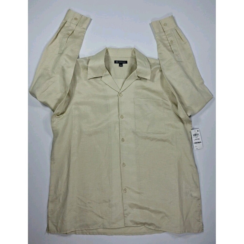 INC Men's Large Beige, Grain,  Linen Buttondown Long Sleeve
